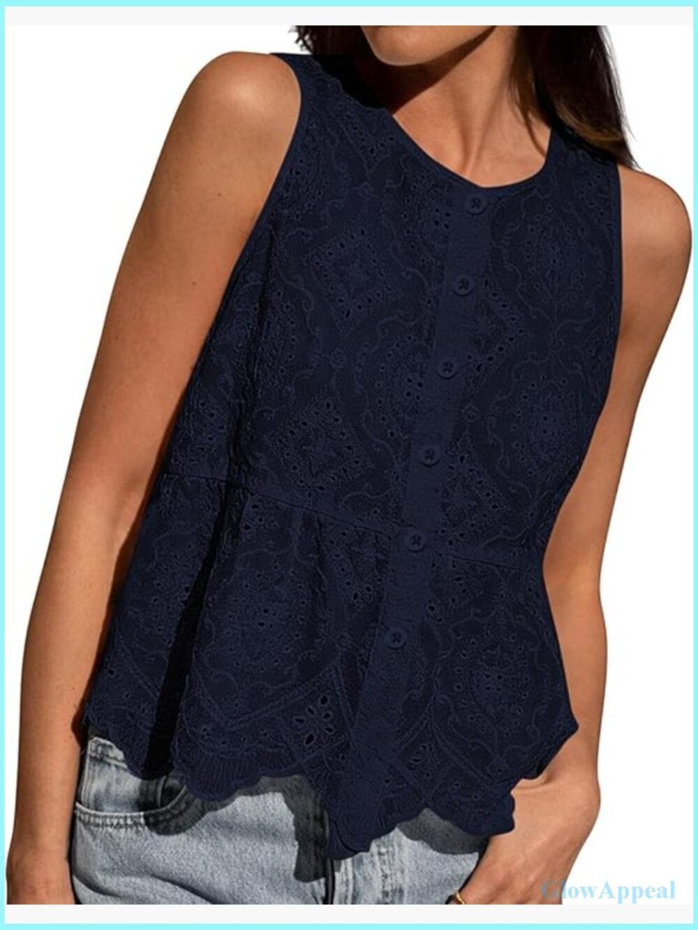 Womens Eyelet Embroidered Sleeveless Button Down Tank Top Loose Flowy Peplum
